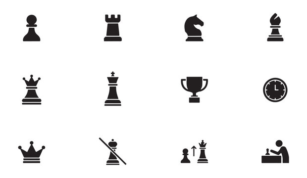 Comprehensive collection of chess related symbols including trophy clock and board moves.