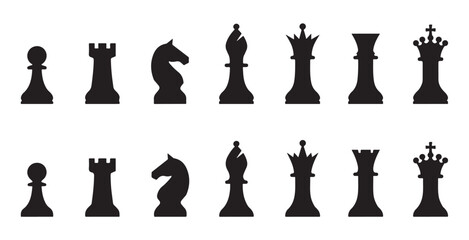 Chess pawns bishops knights kings queens rooks silhouettes top view vector. © VANU
