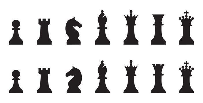 Chess pawns bishops knights kings queens rooks silhouettes top view vector.