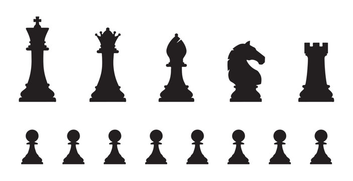 Classic chess icons collection with king queen bishop knight and pawn silhouettes set.