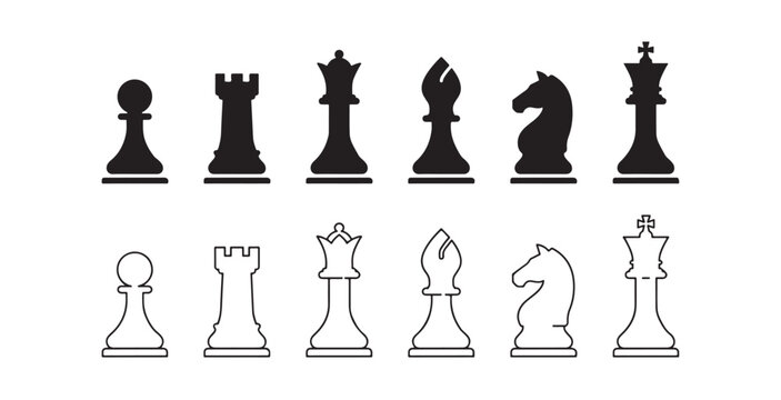 Set of 12 chess pieces icons black and white outlined for board game strategy.