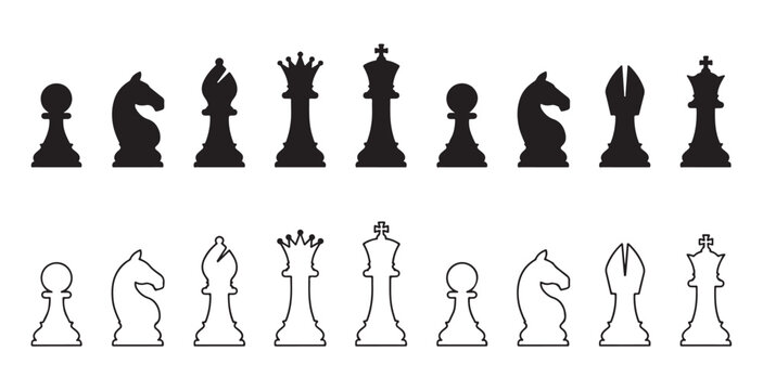 Black and white chess pieces collection vector icons for game strategy design.