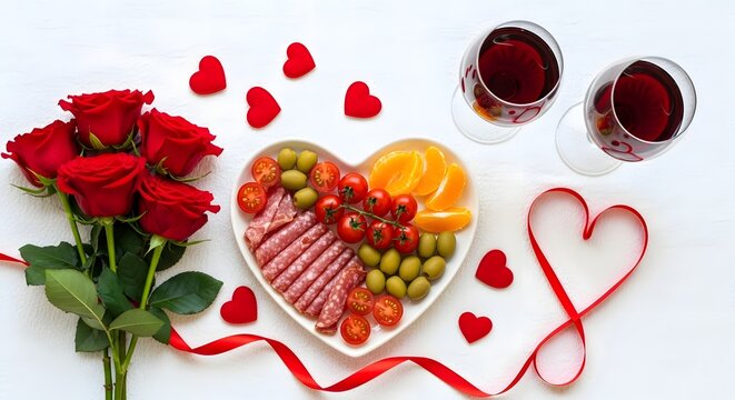 Romantic valentines day dinner with red roses, heart plate and wine