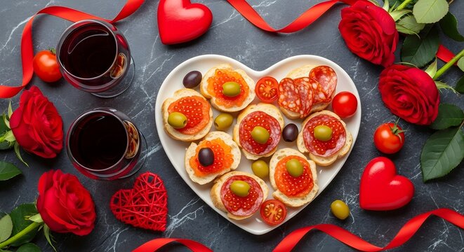 Romantic valentines day dinner with red wine, caviar canapes and roses