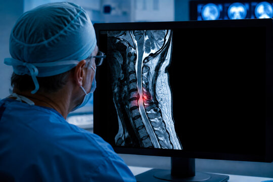 A neurosurgeon in surgical scrubs analyzing a cervical spine MRI on a large diagnostic monitor, highlighting spinal disc herniation and advanced medical imaging technology