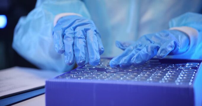 Laboratory worker removes small transparent bottles from storage box. Employee arranges containers across sterile table for upcoming examination