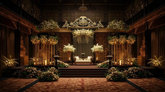 Elegant Javanese wedding decoration fills traditional pendopo with jasmine flowers and batik ornaments for royal Indonesian wedding stage