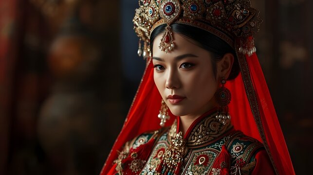 Mongolian bride wears traditional deel attire and ornate headdress in a cinematic studio setting.