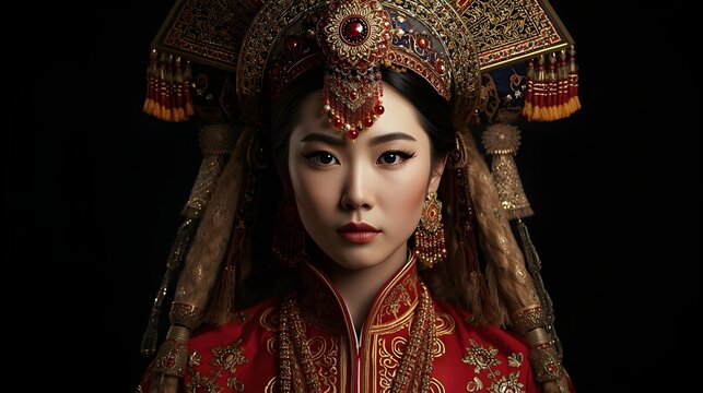 Ultra realistic Mongolian bride adorned in traditional deel attire and ornate headdress
