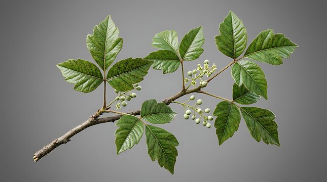 Poison oak branch with green leaves and berries on grey background
