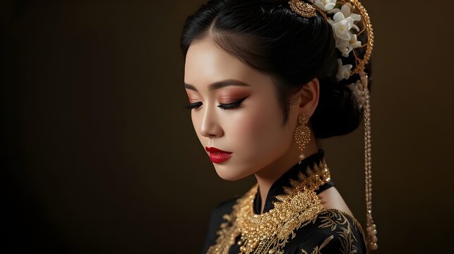 Portrait of traditional Javanese bride wearing elegant kebaya and paes ageng makeup