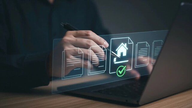 Real Estate Contract and Digital Document Signing Concept: Floating Holographic Templates with House Stamp and Green Checkmark Icons above Blurred Laptop