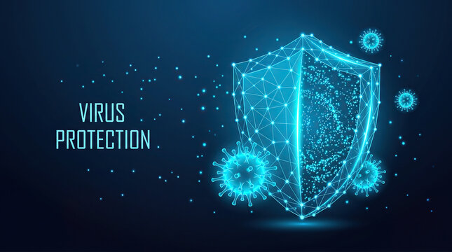 Digital shield icon protecting against virus particles
