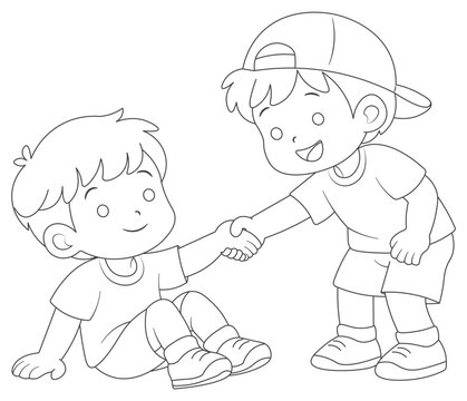 Cute Kid Helping Friend Stand Up Coloring Page Outline Illustration