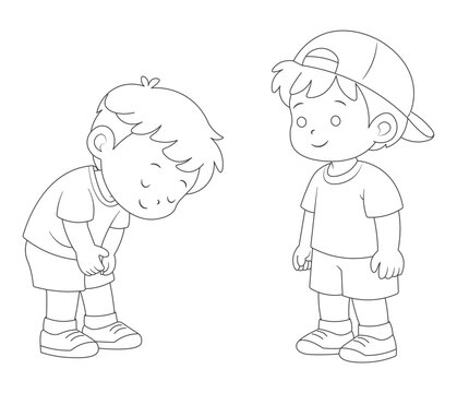Cute Kids Apologizing Coloring Page Outline Illustration