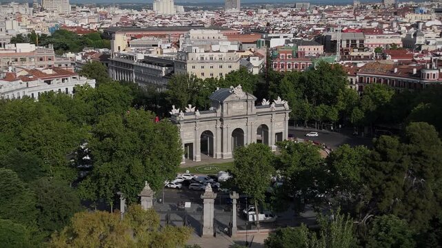 Aerial view of Puerta de Alcala gate landmark in Madrid