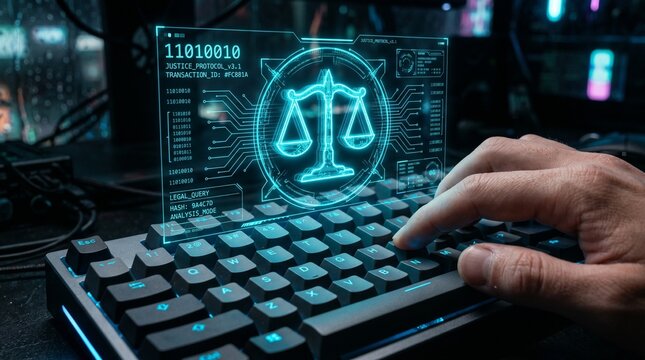 Digital Justice Concepts with Scales of Justice Symbol Over Laptop Keyboard Representing Law and Technology Integration in Modern Society Sigmoid 
