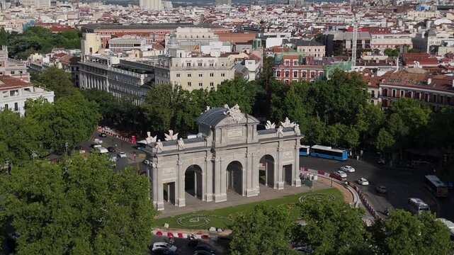 Drone tracking shot of Puerta de Alcala monument in Madrid