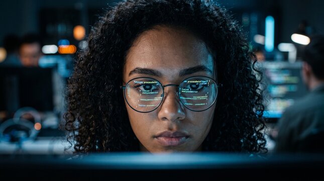 Close-up Black female programmer with code reflection in glasses working late in home office at night. Cybersecurity, AI algorithm, Network security, software developer, serious face, burnout concept.