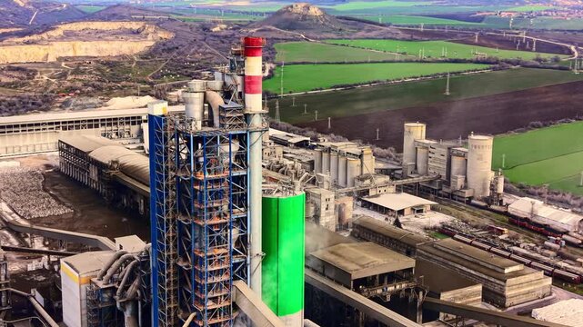 Close aerial view of cement kiln tower and industrial complex. Blue steel preheater tower with striped chimney and green tank amid concrete silos, storage and rail line.