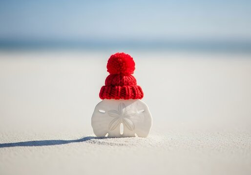 White sand dollar wearing a red winter hat