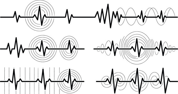 Seismic Earthquake Wave and Audio Sound Frequency Icon Set Featuring Pulse Signals Signal Waves Vibration Sensors and Digital Tremor Measurement Lines