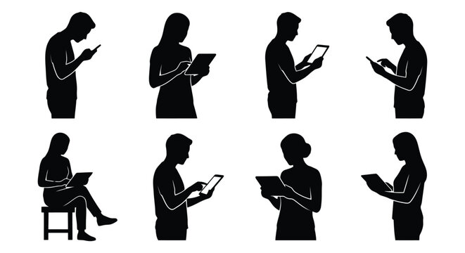 Set of silhouettes of people using digital tablets and smartphones