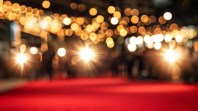 A glamorous red carpet event background with flashing camera lights and golden bokeh. Perfect for award ceremonies and VIP party visuals.