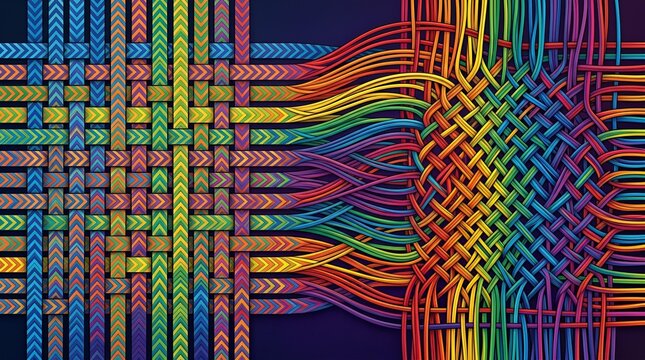Intricate rainbow weave pattern of overlapping lines with interwoven