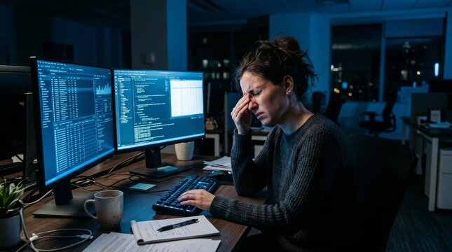 Tired woman programmer working late at night on computer screens.