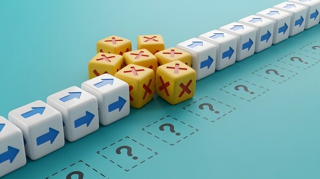 Alternative path concept with white arrow cubes bypassing yellow roadblock blocks on blue background