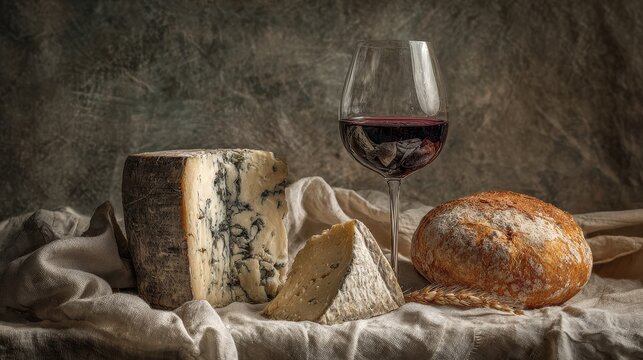 Cheese and red wine arranged together for an elegant tasting experience.