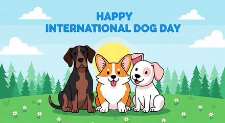 Fototapeta premium Three happy cartoon dogs sitting together during a bright sunny international dog day celebration event