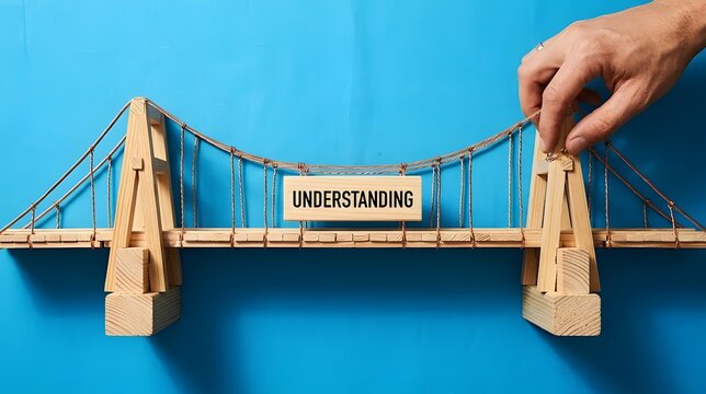 Hand building wooden bridge model with understanding text on blue background