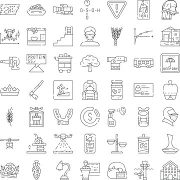 Collection of outline icons representing various concepts across different sectors, including finance, healthcare, agriculture, food, technology, and education, ideal for web and app design