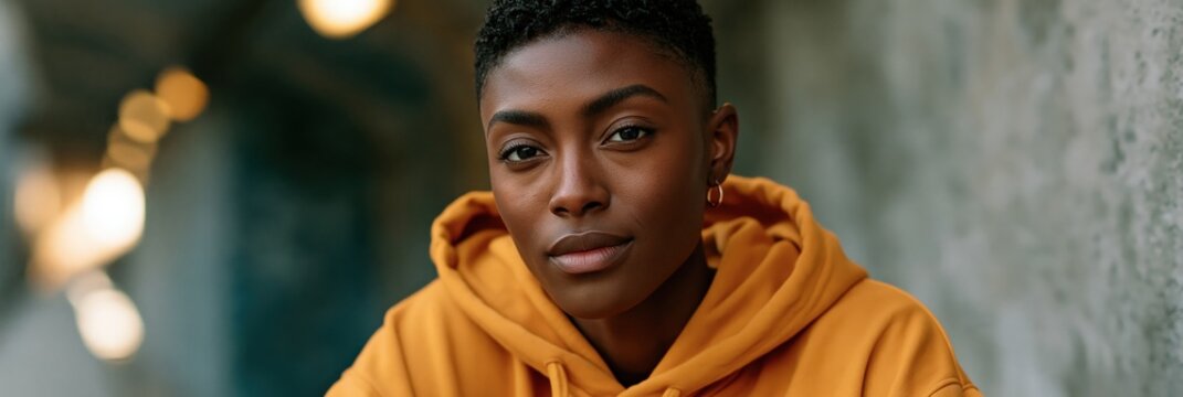 Closeup portrait of a young person in a yellow hoodie in an urban tunnel for editorial banner background