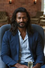 Obraz premium Relaxed businessman portrait holding a champagne glass in an upscale lounge for corporate profile and lifestyle banner
