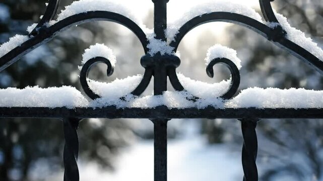 Snowy black wrought iron gate close up with blurred background winter scene daylight