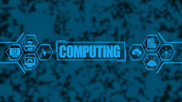 Computing concept displaying the word computing in a central box surrounded by various interconnected hexagonal on a textured dark blue background, with blue outlines