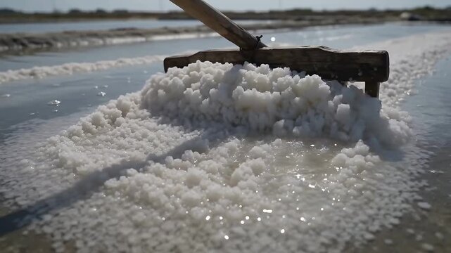 Coastal farmer harvesting coarse white sea salt in shallow water