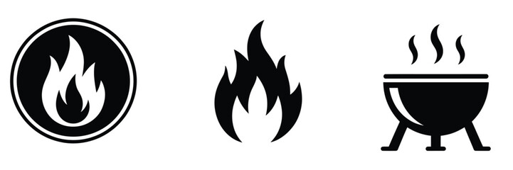 Black and white vector icon set of fire flames and a barbecue grill isolated on a white background design © ALBART