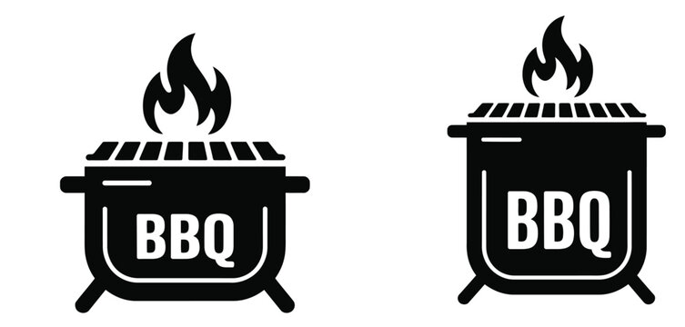 Black and white vector icon set of barbecue grills with flames and text for restaurant menu and outdoor cooking