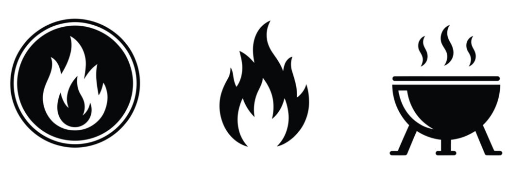Black and white vector icon set of fire flames and a barbecue grill isolated on a white background design