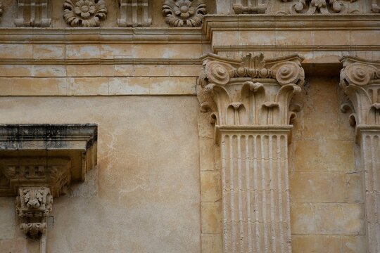 Archaic Corinthian style column and architrave in Noto Sicily, Italy.