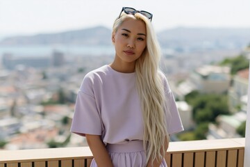Fototapeta premium Young woman with long platinum hair in pastel top on balcony with blurred cityscape for lifestyle portrait and travel background use