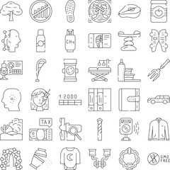 Naklejka premium Collection of thin line vector icons depicting diverse concepts and objects from medical care, nature, healthy lifestyle, technology, and everyday items