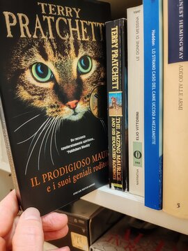 Rome, Italy - June 12, 2026, The Prodigious Maurice and His Brilliant Rodents, by the British writer Terry Pratchett, known for his humorous fantasy novels, on the shelf of a second-hand bookshop.