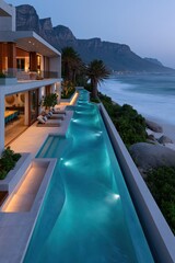 Fototapeta premium Luxury cliffside infinity pool at twilight with panoramic ocean view for resort wallpaper and real estate design