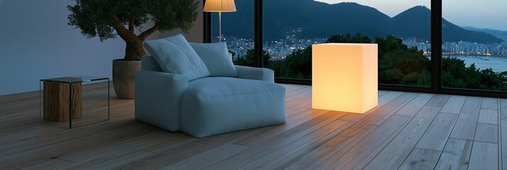 Fototapeta premium Modern luxury living room background with glowing cube light and panoramic city view for interior design wallpaper and banner
