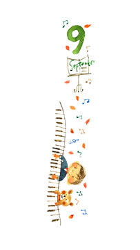 9月のカレンダーや音楽をテーマにピアノを弾く可愛い子どもとくまの手描きイラスト
 Cute hand-drawn illustration of a child and bear playing piano for September calendar